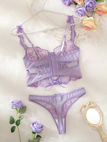 SHEIN 两件套性感薄纱蕾丝边吊带荷叶边内衣套装 - 紫色 - 查看 2