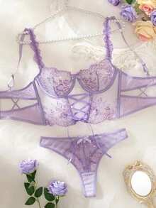SHEIN 两件套性感薄纱蕾丝边吊带荷叶边内衣套装 - 紫色 - 查看 6