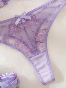 SHEIN 两件套性感薄纱蕾丝边吊带荷叶边内衣套装 - 紫色 - 查看 5