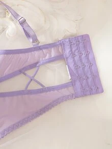 SHEIN 两件套性感薄纱蕾丝边吊带荷叶边内衣套装 - 紫色 - 查看 4