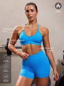 Solea Cove Solea Cove Seamless Backless Sports Bra Shorts Set, Solid Color Women's Athletic Modest Sporty Tight Fit Strap 3/4 Shorts, 2 Pieces Gym Bright Blue Summer - Royal Blue - View 6