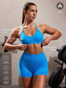 Solea Cove Solea Cove Seamless Backless Sports Bra Shorts Set, Solid Color Women's Athletic Modest Sporty Tight Fit Strap 3/4 Shorts, 2 Pieces Gym Bright Blue Summer - Royal Blue - View 1