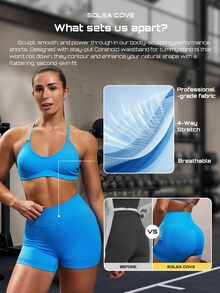 Solea Cove Solea Cove Seamless Backless Sports Bra Shorts Set, Solid Color Women's Athletic Modest Sporty Tight Fit Strap 3/4 Shorts, 2 Pieces Gym Bright Blue Summer - Royal Blue - View 7