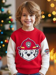 SHEIN | PAW Patrol 小男孩紅色拼色拼接袖聯名卡通圖案印花圓領長袖寬鬆毛衣，柔軟舒適，適合聖誕節、日常穿著，百搭時尚 - 紅白色 - 查看 8