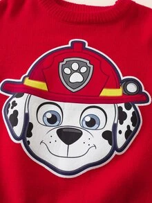 SHEIN | PAW Patrol 小男孩紅色拼色拼接袖聯名卡通圖案印花圓領長袖寬鬆毛衣，柔軟舒適，適合聖誕節、日常穿著，百搭時尚 - 紅白色 - 查看 4