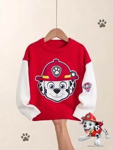 SHEIN | PAW Patrol 小男孩紅色拼色拼接袖聯名卡通圖案印花圓領長袖寬鬆毛衣，柔軟舒適，適合聖誕節、日常穿著，百搭時尚 - 紅白色 - 查看 1