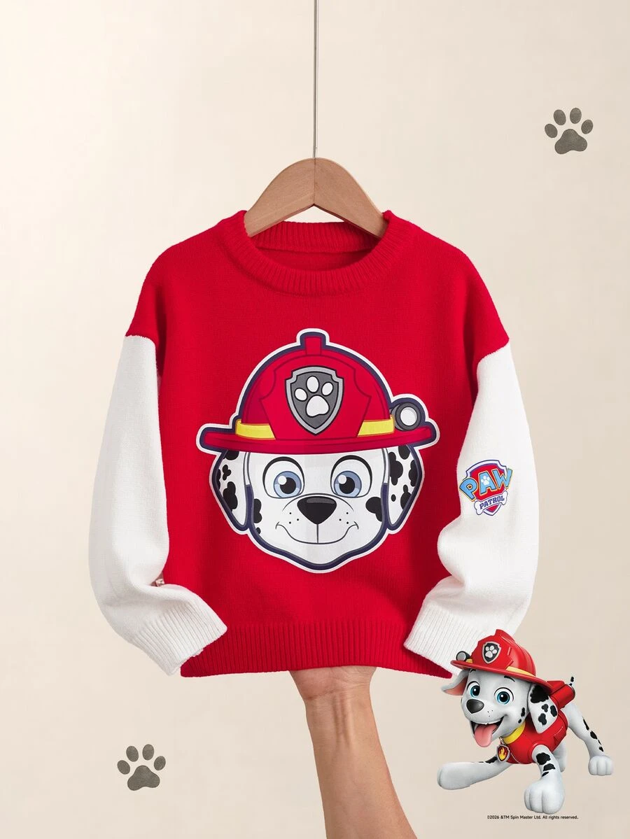 SHEIN | PAW Patrol 小男孩紅色拼色拼接袖聯名卡通圖案印花圓領長袖寬鬆毛衣,柔軟舒適,適合聖誕節、日常穿著,百搭時尚 - 紅白色 - 查看 1
