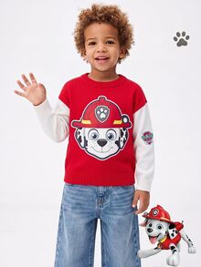 SHEIN | PAW Patrol 小男孩紅色拼色拼接袖聯名卡通圖案印花圓領長袖寬鬆毛衣，柔軟舒適，適合聖誕節、日常穿著，百搭時尚 - 紅白色 - 查看 9