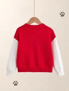 SHEIN | PAW Patrol 小男孩紅色拼色拼接袖聯名卡通圖案印花圓領長袖寬鬆毛衣，柔軟舒適，適合聖誕節、日常穿著，百搭時尚 - 紅白色 - 查看 3