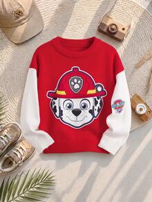 SHEIN | PAW Patrol 小男孩紅色拼色拼接袖聯名卡通圖案印花圓領長袖寬鬆毛衣，柔軟舒適，適合聖誕節、日常穿著，百搭時尚 - 紅白色 - 查看 2