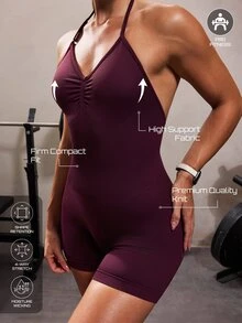 Solea Cove Jumpsuit Olahraga Wanita Model Halter Berlipit Leher V, Jumpsuit Ketat Tanpa Punggung untuk Melangsingkan, Mengontrol Perut, dan Mengangkat Bokong - MultiWarna - View 5