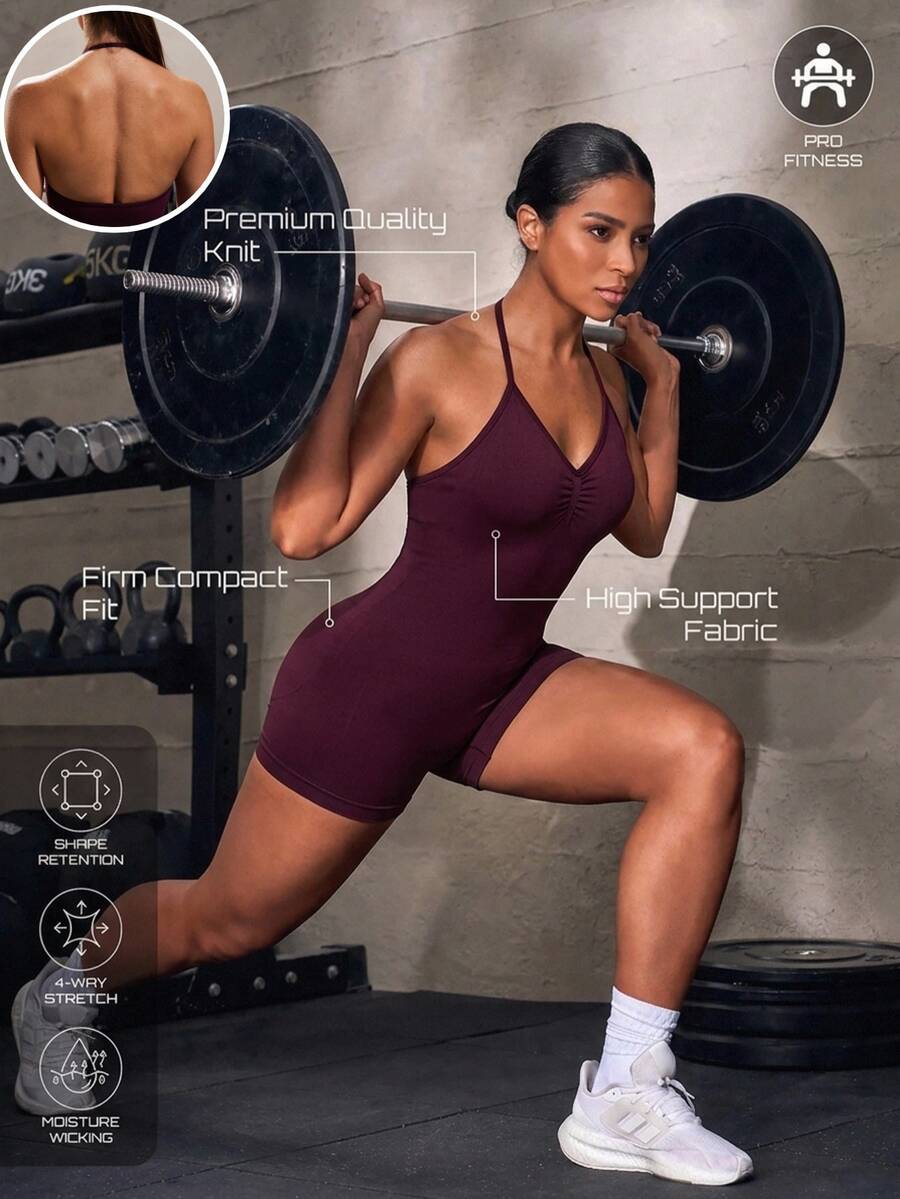 Solea Cove Jumpsuit Olahraga Wanita Model Halter Berlipit Leher V, Jumpsuit Ketat Tanpa Punggung untuk Melangsingkan, Mengontrol Perut, dan Mengangkat Bokong - MultiWarna - View 1