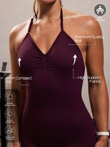 Solea Cove Jumpsuit Olahraga Wanita Model Halter Berlipit Leher V, Jumpsuit Ketat Tanpa Punggung untuk Melangsingkan, Mengontrol Perut, dan Mengangkat Bokong - MultiWarna - View 6