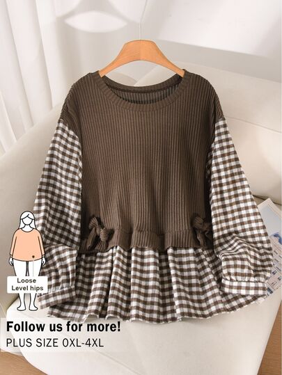 CosyJoli Plus Size Women's Casual Plaid Patchwork 2 In 1 T-Shirt Casual Daily Going Out Office Business Work Teacher T-Shirt For Women Fall Casual At Home Wear