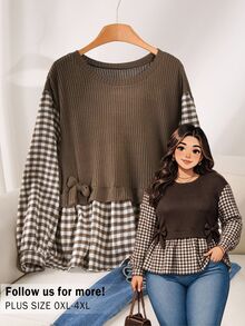 CosyJoli 大尺碼女款休閒格紋拼接 2 合 1 T恤，適合日常外出、辦公商務工作、教師穿著，秋季居家休閒女款 T恤 - 駝色 - 查看 4