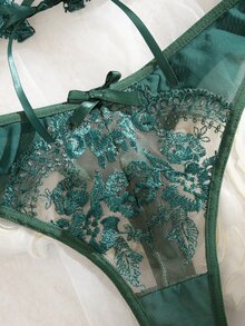SHEIN 2pcs/Set Women;S  Embroidered Sheer Bustier And Panty Set  Summer Wedding Guest - Dark Green - View 7
