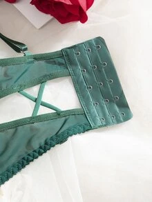 SHEIN 2pcs/Set Women;S  Embroidered Sheer Bustier And Panty Set  Summer Wedding Guest - Dark Green - View 5