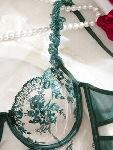 SHEIN 2pcs/Set Women;S  Embroidered Sheer Bustier And Panty Set  Summer Wedding Guest - Dark Green - View 6