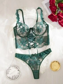SHEIN 2pcs/Set Women;S  Embroidered Sheer Bustier And Panty Set  Summer Wedding Guest - Dark Green - View 3