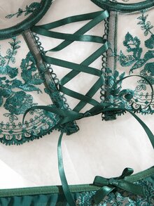 SHEIN 2pcs/Set Women;S  Embroidered Sheer Bustier And Panty Set  Summer Wedding Guest - Dark Green - View 8