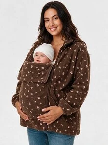 SHEIN Women's Maternity Brown Floral 3-In-1 Warm Jacket – Winter - Brown - View 10