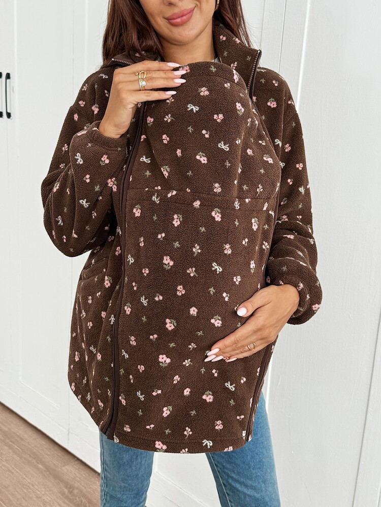 SHEIN Women's Maternity Brown Floral 3-In-1 Warm Jacket – Winter - Brown - View 9