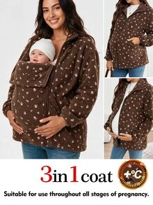 SHEIN Women's Maternity Brown Floral 3-In-1 Warm Jacket – Winter - Brown - View 1