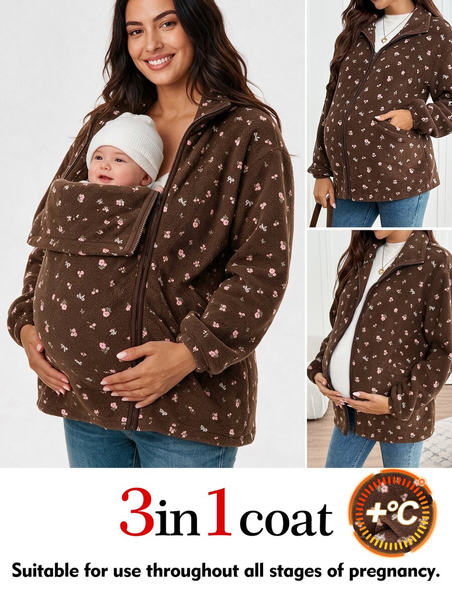 SHEIN Women's Maternity Brown Floral 3-In-1 Warm Jacket – Winter - Brown - View 1
