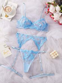 Crystal Vow 4pcs/Set Women's Sexy Lingerie, Blue - Baby Blue - View 5