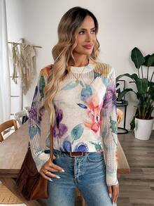 EMERY ROSE New Autumn Casual Loose Hollow Out Mesh Layered Fashionable Knit Blouse For Women Fall Sweater - Apricot - View 4