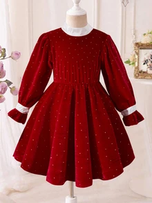 Glamorique Kids 女童長袖紅色天鵝絨鑲鑽優雅仙女公主洋裝，派對穿著，適合3歲與4歲生日，秋冬春季上學穿搭 - 紅色 - 查看 6