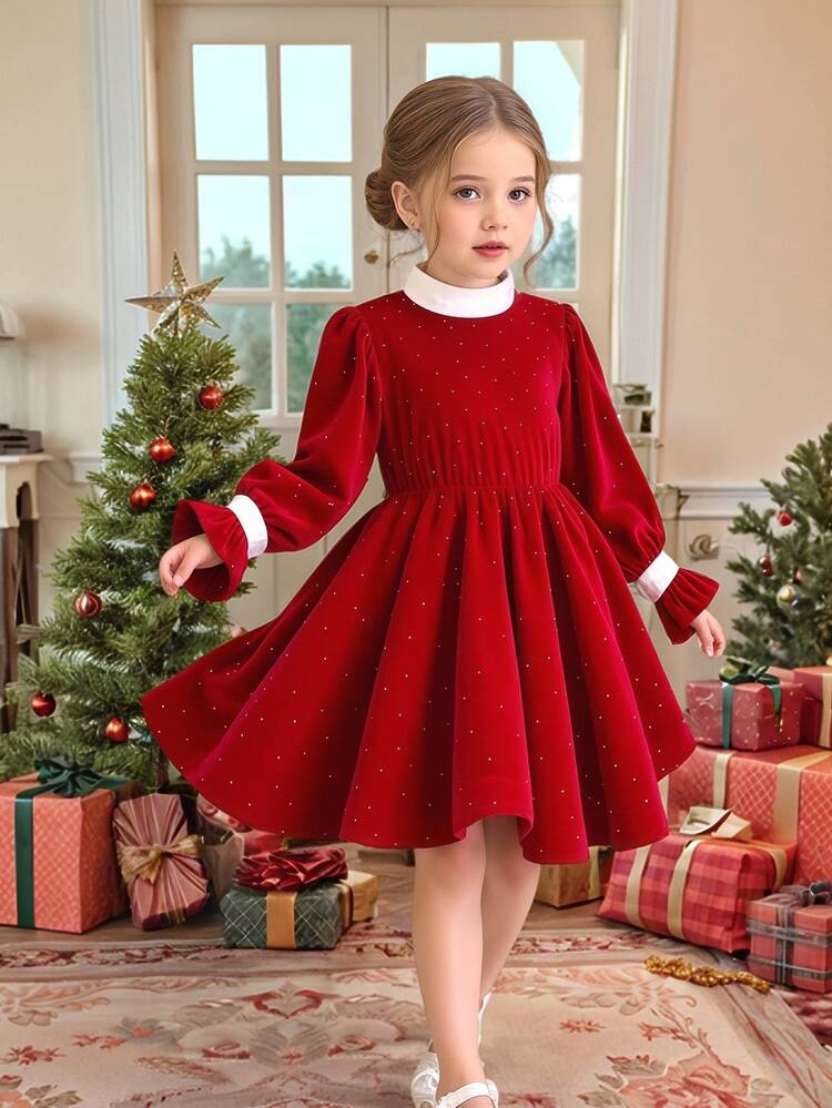 Glamorique Kids Long Sleeve Girl's Velvet Rhinestone Embellished Red Elegant Fairy Princess Dress Party 3rd Birthday 4th Birthday Autumn Winter Spring School - Red - View 1