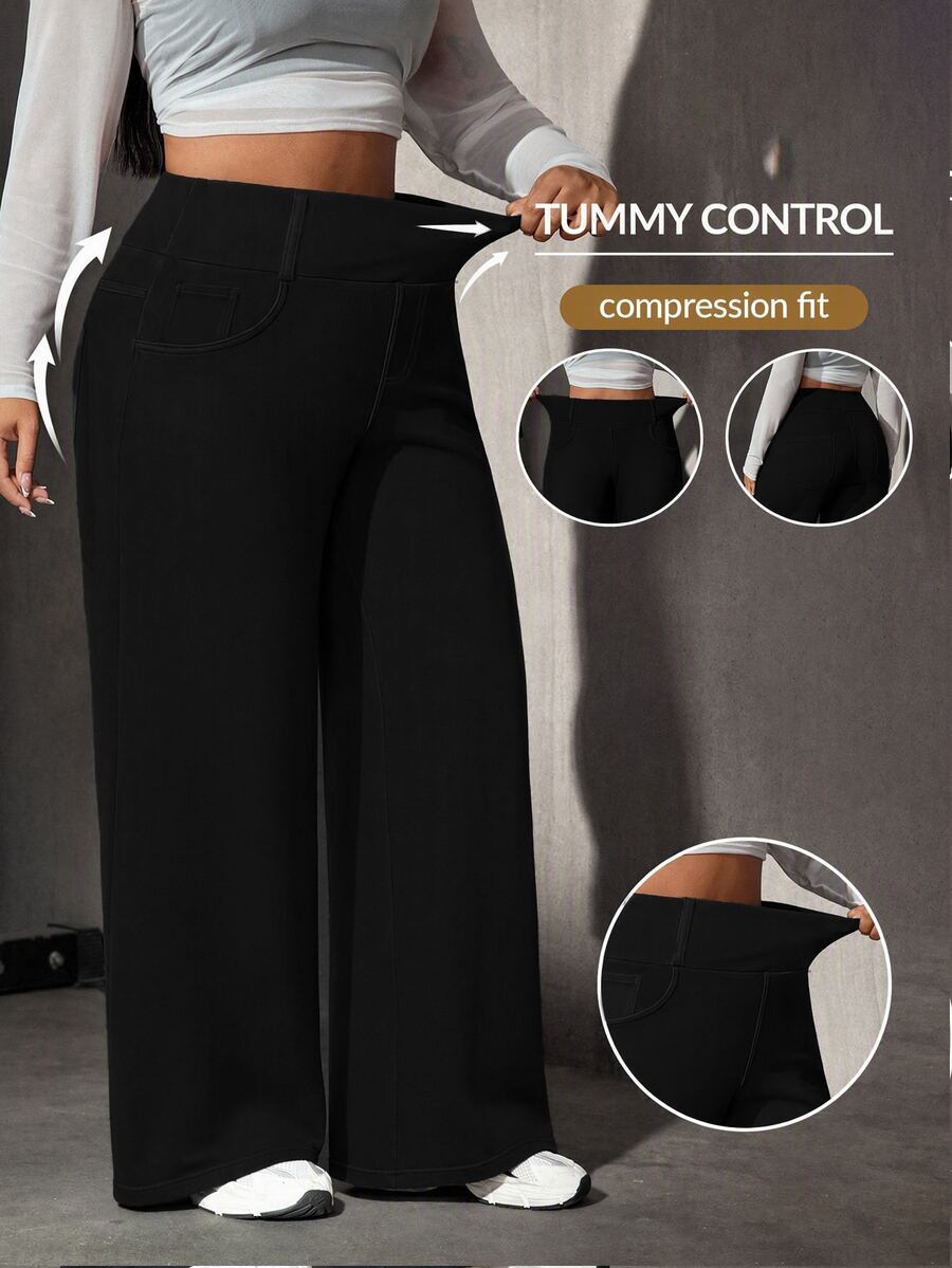 Flexra Summer Elegant Black Straight Leg Loose Fit Stretch High Waist Tummy Control Commuting Daily Wear Plus Size Jeans For Women - Black - View 1