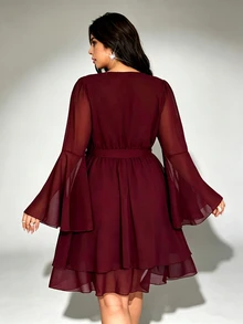 Viva Relle Plus Size Wine Red Chiffon Elegant And Gentle V-Neck Waist Cinched A-Line Short Dress, Suitable For All Seasons, Elegant Commuting And Dating Fall - Red Violet - View 2