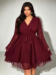 Viva Relle Plus Size Wine Red Chiffon Elegant And Gentle V-Neck Waist Cinched A-Line Short Dress, Suitable For All Seasons, Elegant Commuting And Dating Fall - Red Violet - View 3