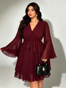 Viva Relle Plus Size Wine Red Chiffon Elegant And Gentle V-Neck Waist Cinched A-Line Short Dress, Suitable For All Seasons, Elegant Commuting And Dating Fall - Red Violet - View 5