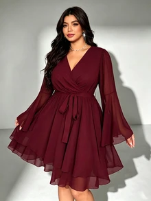 Viva Relle Plus Size Wine Red Chiffon Elegant And Gentle V-Neck Waist Cinched A-Line Short Dress, Suitable For All Seasons, Elegant Commuting And Dating Fall - Red Violet - View 1