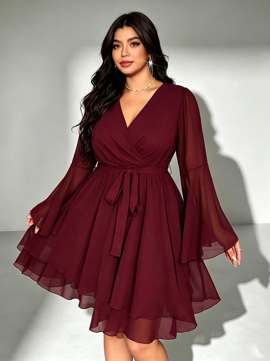 Viva Relle Plus Size Wine Red Chiffon Elegant And Gentle V-Neck Waist Cinched A-Line Short Dress, Suitable For All Seasons, Elegant Commuting And Dating Fall - Red Violet - View 1