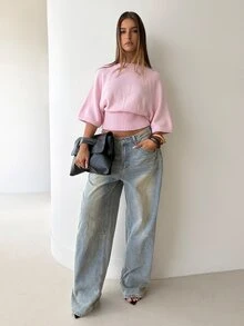 Aloruh Women's Round Neck Short Sleeve Cinched Waist Batwing Sleeve Textured Sweater, Luxurious Elegant For Ball Party Banquet, Shiny For Holiday Party Carnival, Outdoor Picnic Vacation, Rich Layered For Wedding Season Banquet Party, Summer Office Commute - Baby Pink - View 3