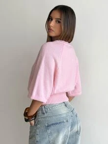 Aloruh Women's Round Neck Short Sleeve Cinched Waist Batwing Sleeve Textured Sweater, Luxurious Elegant For Ball Party Banquet, Shiny For Holiday Party Carnival, Outdoor Picnic Vacation, Rich Layered For Wedding Season Banquet Party, Summer Office Commute - Baby Pink - View 2