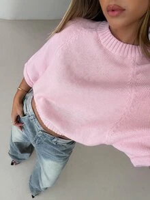 Aloruh Women's Round Neck Short Sleeve Cinched Waist Batwing Sleeve Textured Sweater, Luxurious Elegant For Ball Party Banquet, Shiny For Holiday Party Carnival, Outdoor Picnic Vacation, Rich Layered For Wedding Season Banquet Party, Summer Office Commute - Baby Pink - View 4