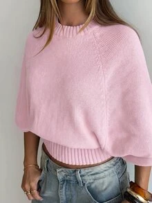 Aloruh Women's Round Neck Short Sleeve Cinched Waist Batwing Sleeve Textured Sweater, Luxurious Elegant For Ball Party Banquet, Shiny For Holiday Party Carnival, Outdoor Picnic Vacation, Rich Layered For Wedding Season Banquet Party, Summer Office Commute - Baby Pink - View 5