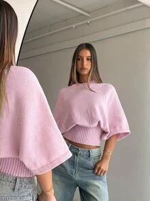 Aloruh Women's Round Neck Short Sleeve Cinched Waist Batwing Sleeve Textured Sweater, Luxurious Elegant For Ball Party Banquet, Shiny For Holiday Party Carnival, Outdoor Picnic Vacation, Rich Layered For Wedding Season Banquet Party, Summer Office Commute - Baby Pink - View 1
