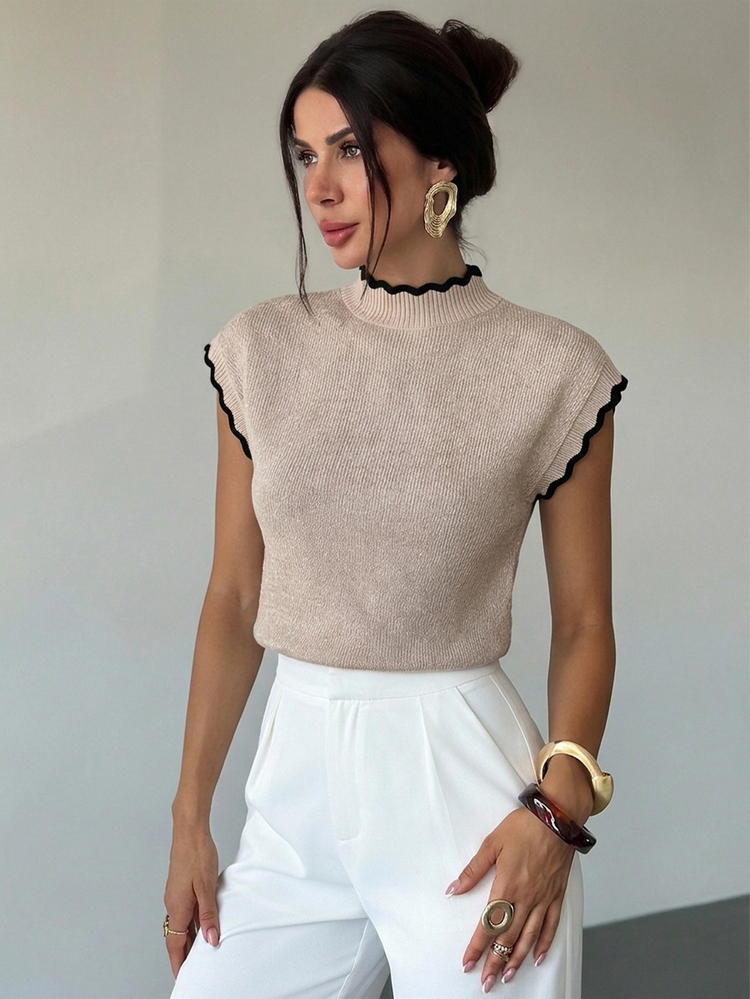 Firerie Elegant High Neck Loose Casual Versatile Sleeveless Colorblock Knit Sweater Vest, Chic Women's Outing Top, Suitable For Dates,Cozy,Going Out - White - View 8