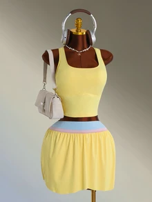 Mistrie 2026 Women's Plus Size Solid Color Sports Set, Casual Sportswear Outfit With Skirt And Back Knot Detail - Multicolor - View 4
