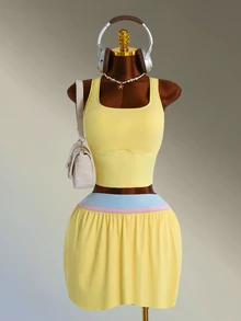 Mistrie 2026 Women's Plus Size Solid Color Sports Set, Casual Sportswear Outfit With Skirt And Back Knot Detail - Multicolor - View 3