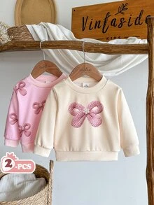 SHEIN 2件組女嬰可愛甜美奶油白與淺粉色蝴蝶結刺繡長袖圓領冬季休閒套頭衛衣上衣，親子穿搭款 - 彩色 - 查看 7