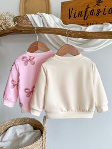 SHEIN 2件組女嬰可愛甜美奶油白與淺粉色蝴蝶結刺繡長袖圓領冬季休閒套頭衛衣上衣，親子穿搭款 - 彩色 - 查看 3