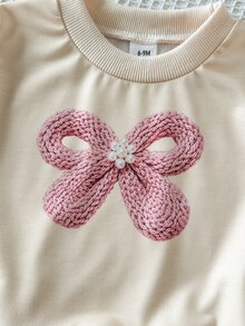 SHEIN 2件組女嬰可愛甜美奶油白與淺粉色蝴蝶結刺繡長袖圓領冬季休閒套頭衛衣上衣，親子穿搭款 - 彩色 - 查看 6