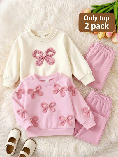 SHEIN 2 confezioni di felpe per bambine, carine e dolci, rosa e crema, con fiocco ricamato, maniche lunghe, collo rotondo, pullover per vacanze, autunno, primavera, autunno, stile principessa boutique